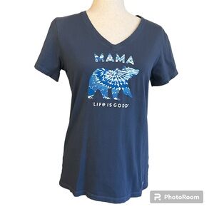 Life Is Good Mama Bear Womens Crusher T Shirt Small S Blue Short Sleeves V Neck